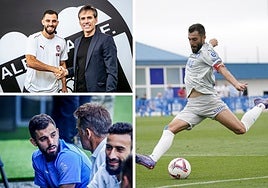 Luis Rioja con Corona en su presentación con el Valencia y en varios momentos de la pretemporada del Alavés.