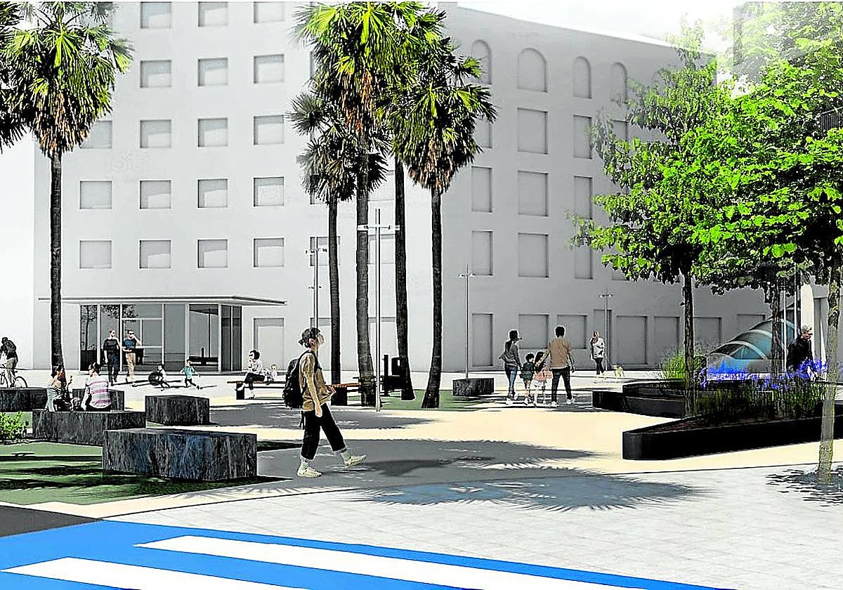 Infografía de cómo quedará de manera aproximada la plaza Bide Onera y el comienzo del paseo de Los Fueros tras esta intervención.