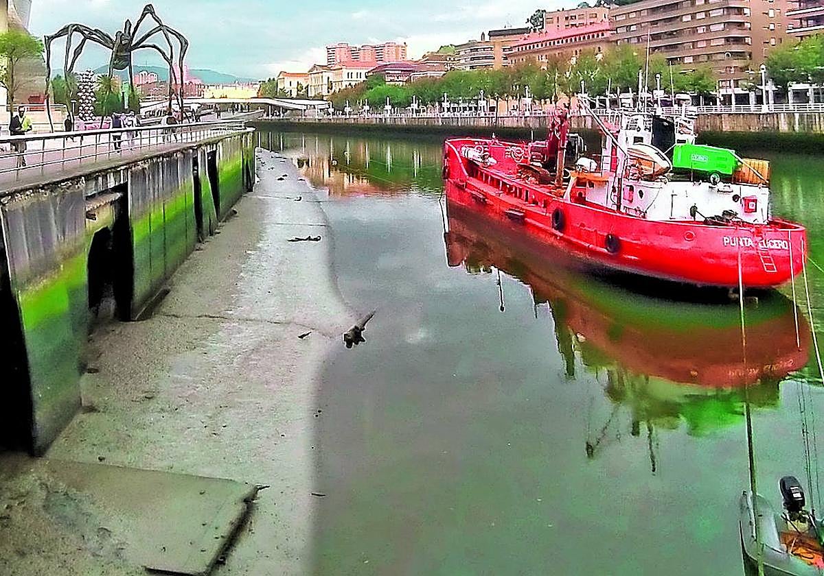 La embarcación que retirará los paneles deteriorados, ayer frente al muelle del Guggenheim.