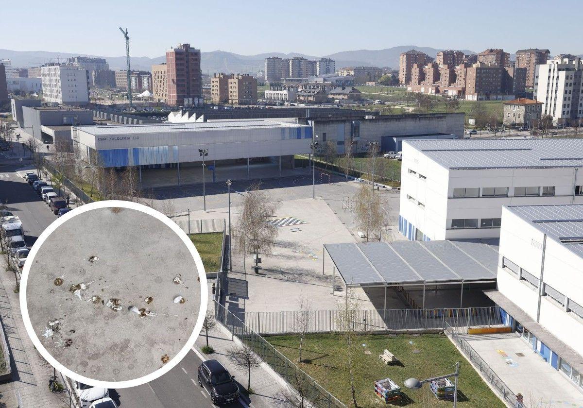 Vista exterior del CEIP Salburua y excrementos en el suelo del polideportivo.