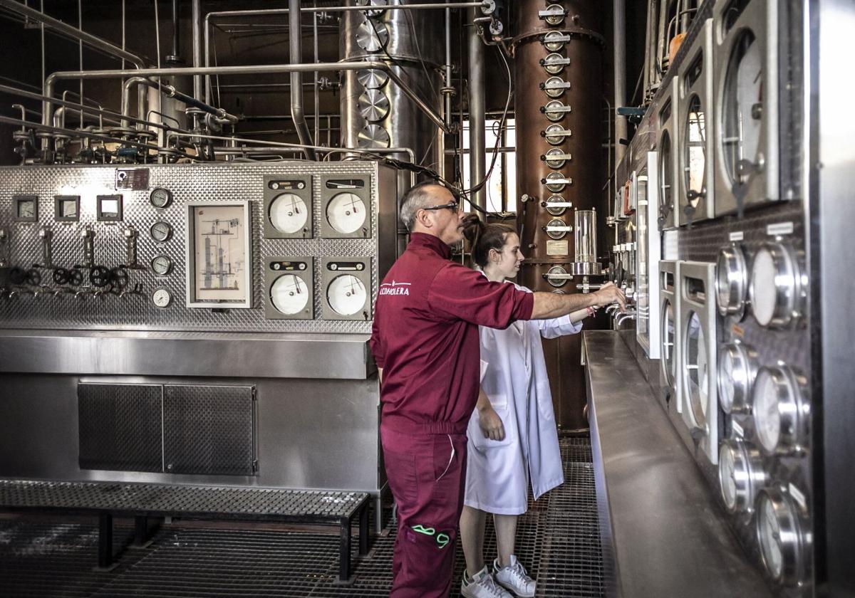 Trabajadores de la alcoholera de Cenicero revisan la maquinaria con la que destilan el vino