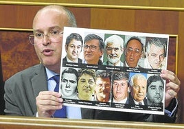 Miguel Tellado exhibe fotos de víctimas socialistas en el Congreso.