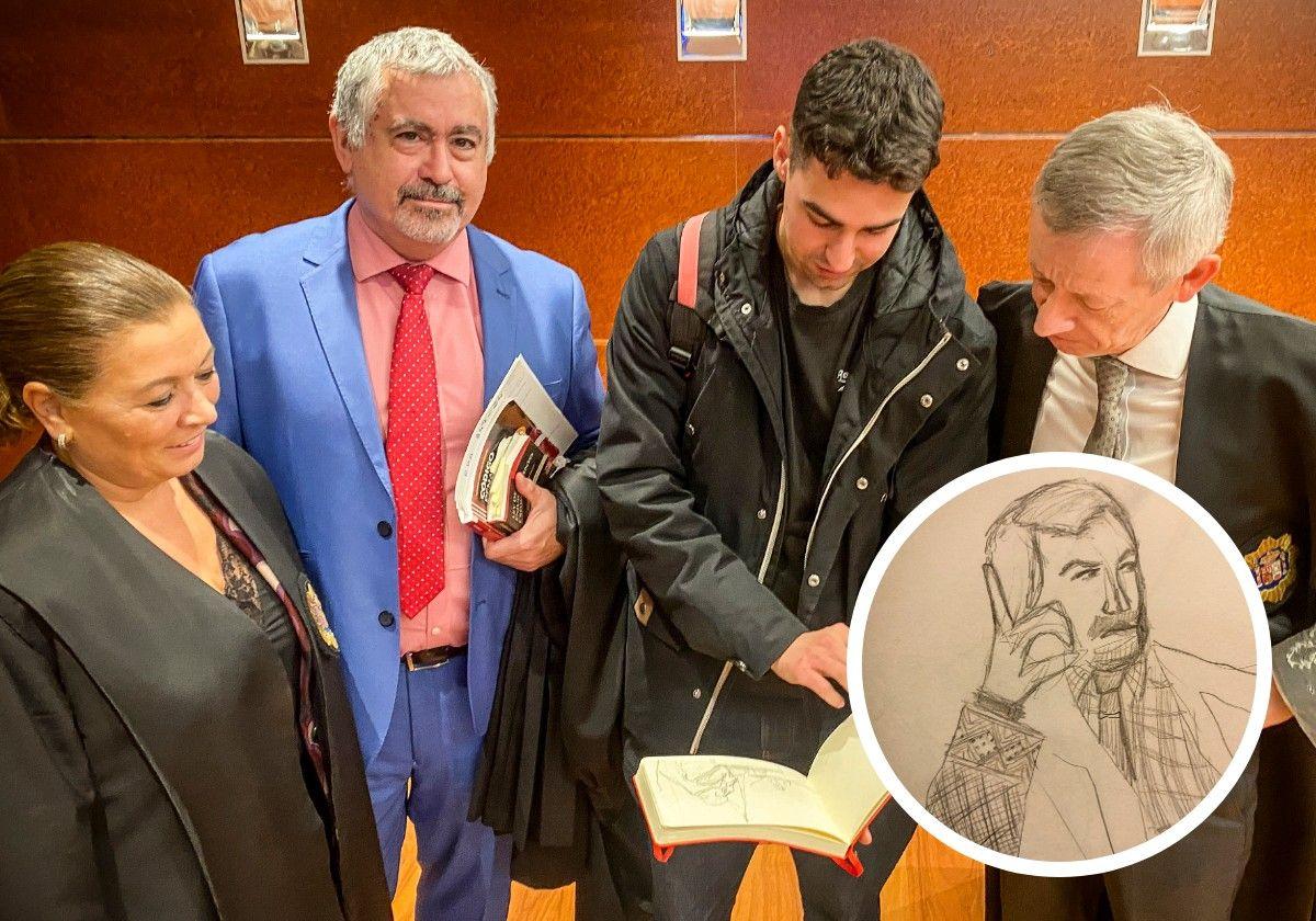 El joven Aitor De Lucas enseña sus bocetos exprés a los magistrados Ana Zulueta, Francisco García Romo y Jesús Poncela. En la imagen pequeña, uno de los jueces.