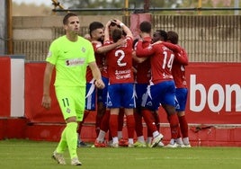 Los jugadores del Tarazona festejan uno de sus goles ante la desolación de Hervías.