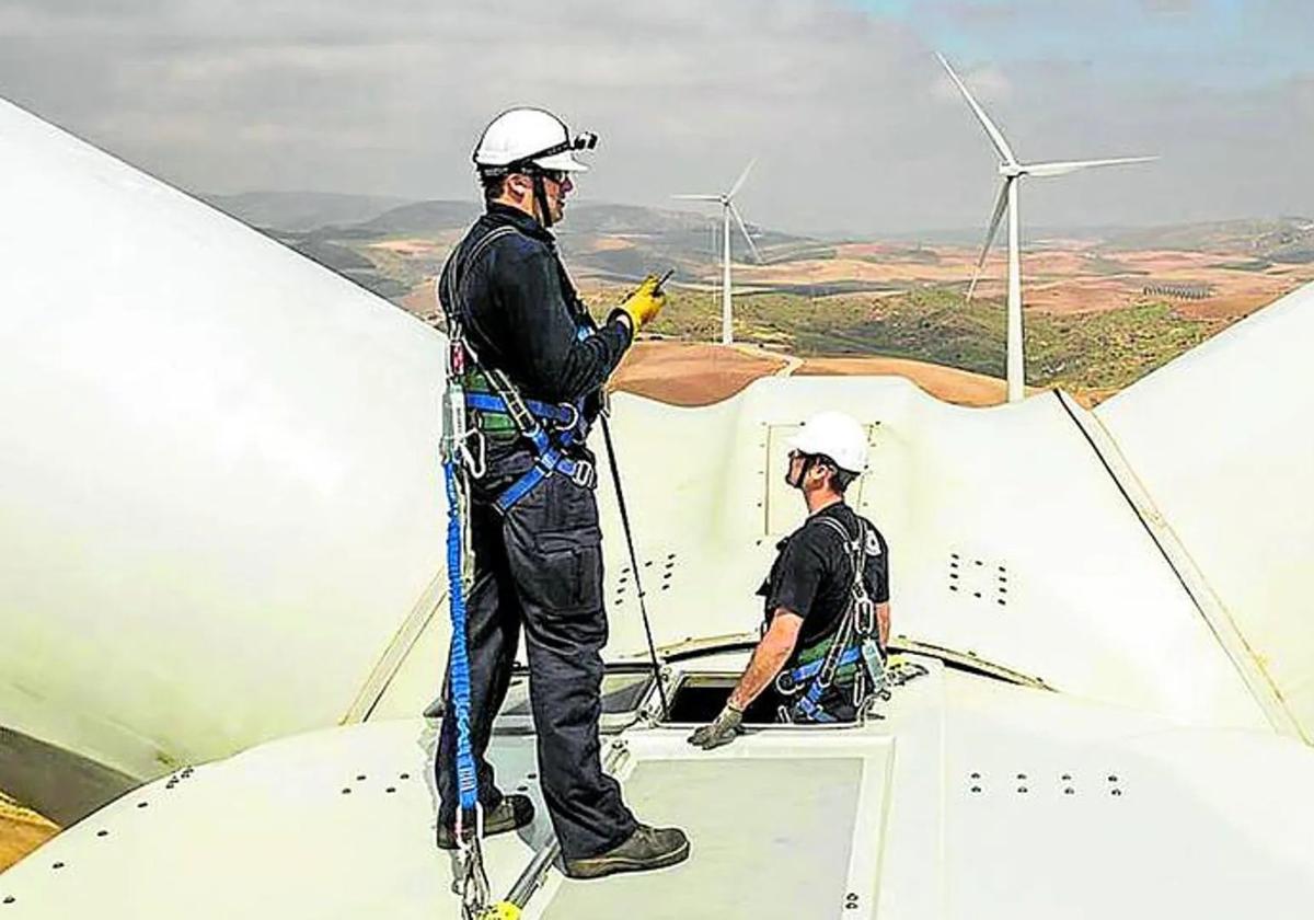 Dos operarios, durante las labores de mantenimiento de un parque eólico.