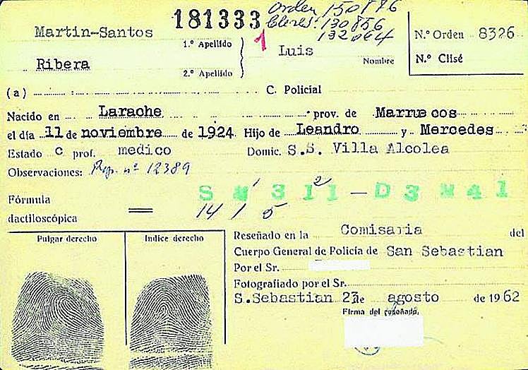 Cuatro detenciones. Ficha policial de su arresto en San Sebastián el 23 de agosto de 1962.