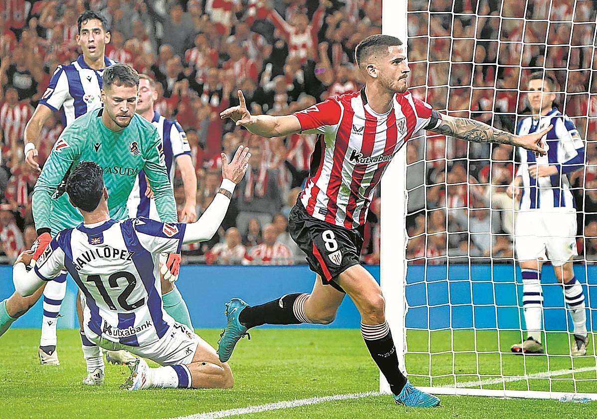 Oihan Sancet celebra el gol de la victoria ante la Real en el derbi disputado el domingo en San Mamés.