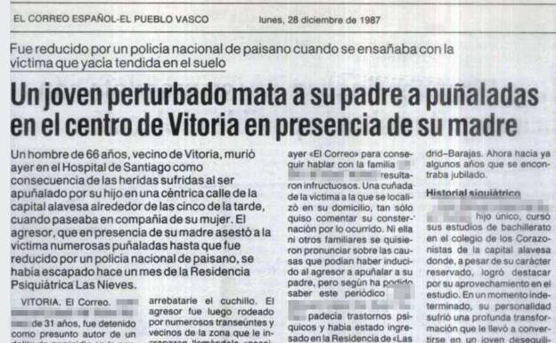 Recorte de su primer crimen, el asesinato de su padre en 1987.