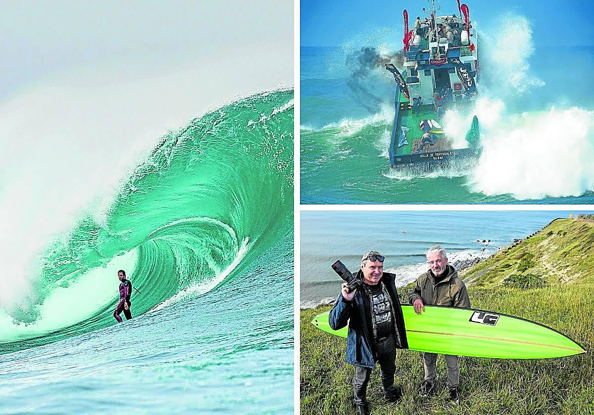 A la izquierda, el surfista Álex Muniain se deja llevar ante la llegada de una gran ola. A la derecha, el barco 'Villa de Portugalete' sortea una enorme ola durante el Punta Galea Challenge 2007. Abajo, Javier Amezaga y Borja Peñeñori, los autores del libro, posan para EL CORREO.