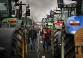 Agricultores franceses pasan entre tractores por la autopisyta A4, al este de París.