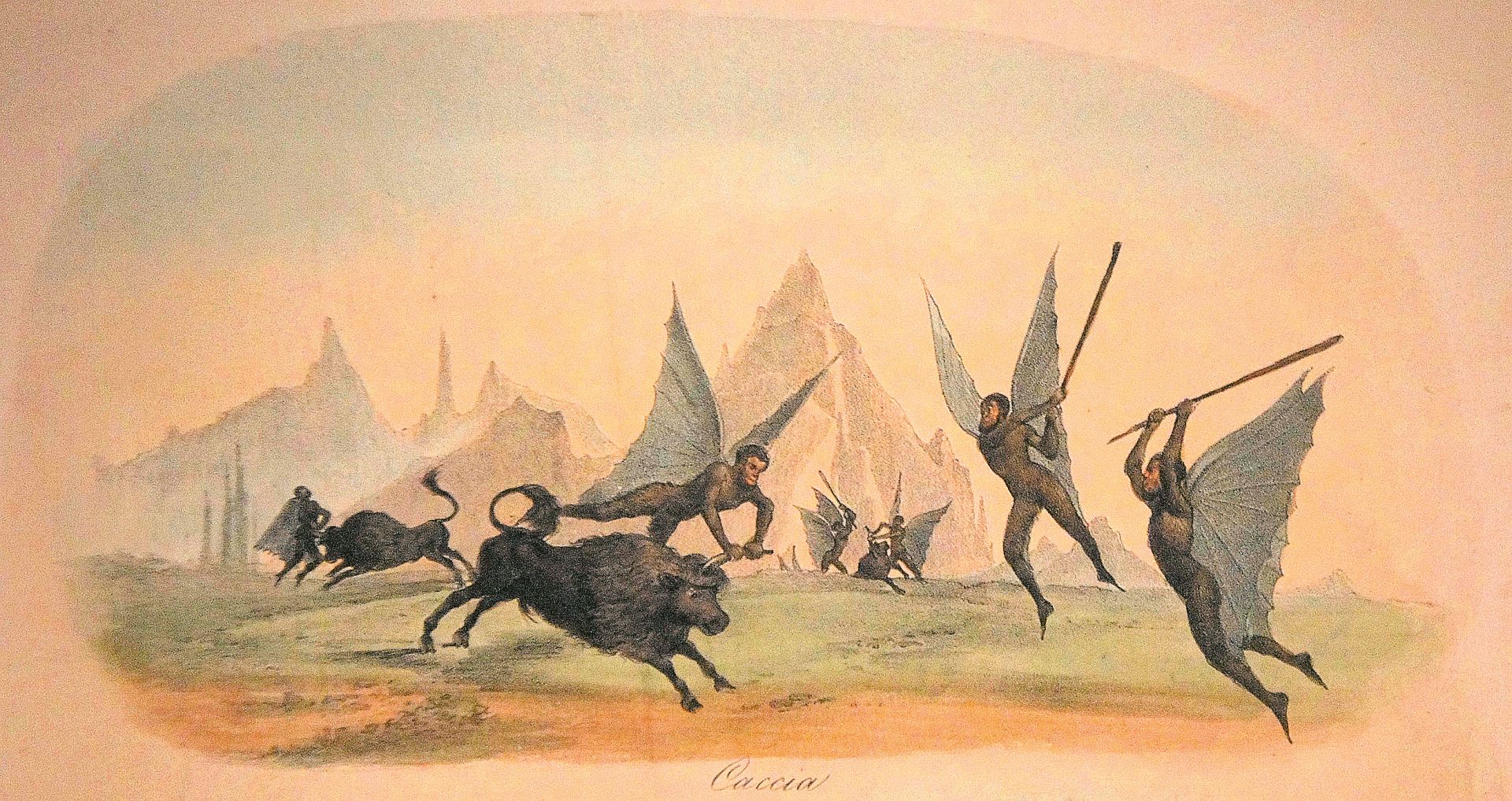 Hombres murciélago en la Luna. Litografía de Leopoldo Galluzzo para el libro que en Italia reunió en 1836 los artículos de Richard Adams Locke.