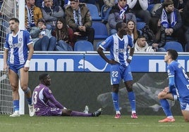 Abqar, Owono, Diarra y Guevara se lamentan tras encajar el 0-1 contra el Girona.