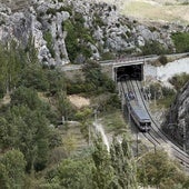 Un tren convecional circula por el desfiladero de Pancorbo, por el que debe ejecutarse la nueva línea de alta velocidad entre Vitoria y Burgos.