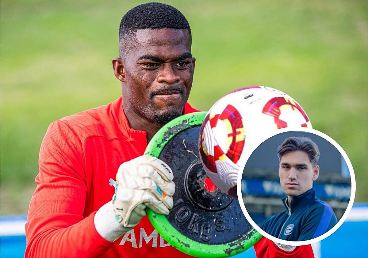 Owono, durante un entrenamiento. A la derecha, Adrián Rodríguez.