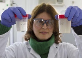 Una investigadora observa dos muestras en el laboratorio.