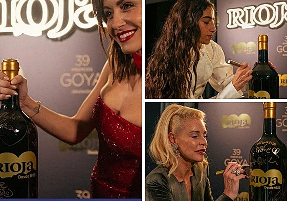 La actriz Hiba Abouk posa junto a una de las botellas, mientras Carolina Yuste y Belen Rueda firman en otra.