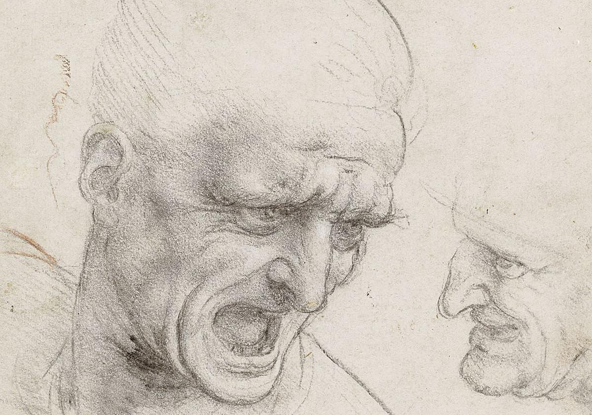 'Estudios de cabezas' (ca. 1504–05) para dos soldados del fresco 'La Batalla de Anghiari', ejemplo de los dibujos que integran la exposición 'Obras maestras sobre papel de Budapest'.