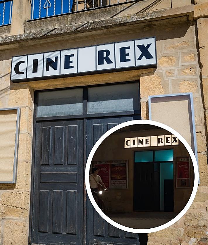 Imagen secundaria 2 - Olga Osorio, directora, junto a Mario Casas, y figurantes. Alberto Valcárcel, diseñador de vestuario, durante la grabación de junio en Elciego. El letrero del 'Cine Rex'.