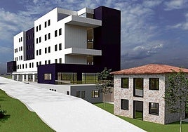 Infografía de la futura residencia de mayores de Beurko, junto a una rehabilitada casa torre.