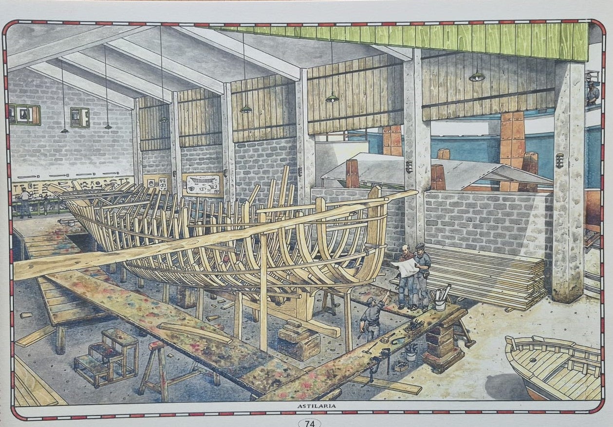 Recreación de un astillero y sus carpinteros de ribera en la construcción de un barco.