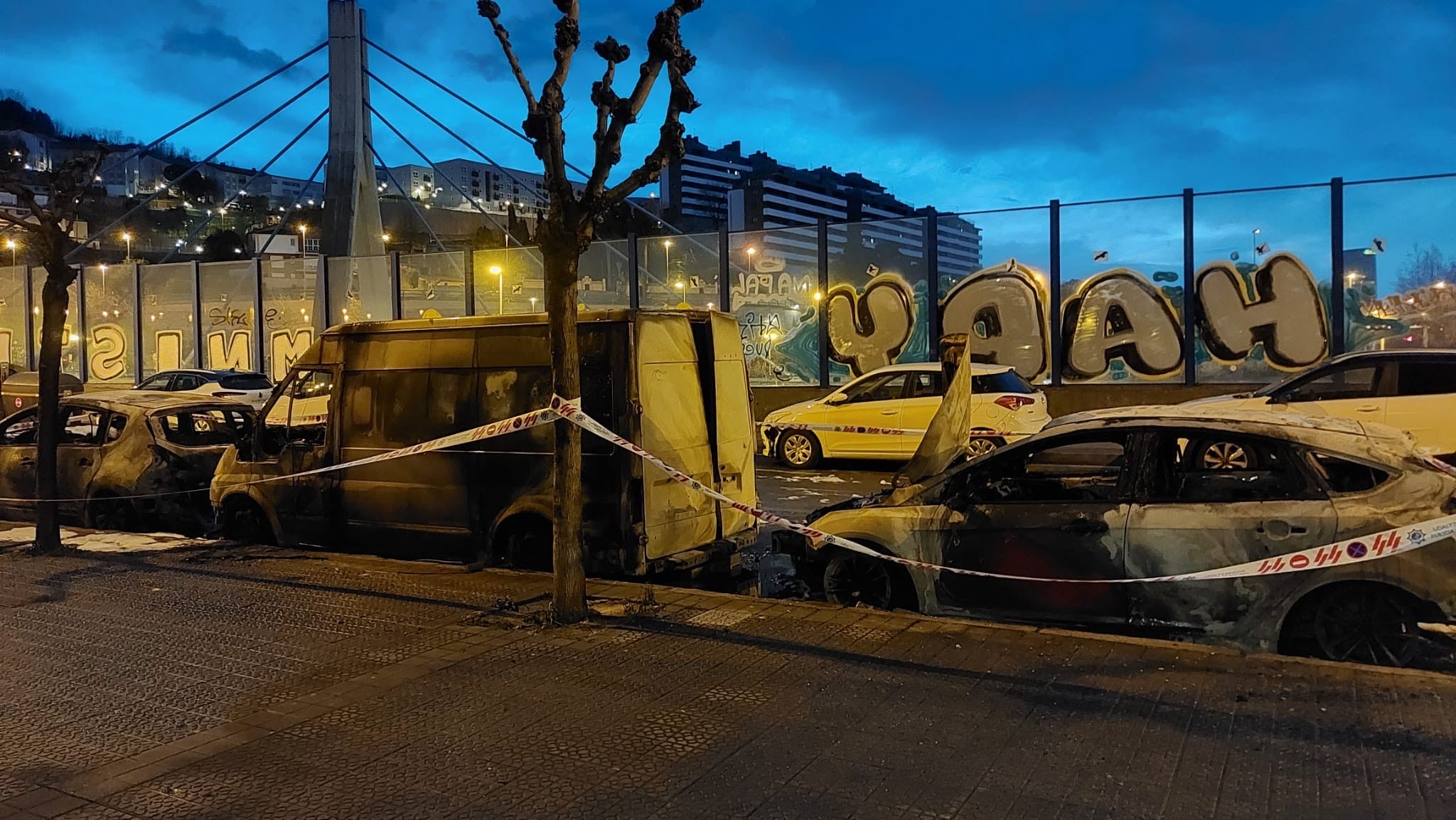 Entre los vehículos calcinados hay una furgoneta.