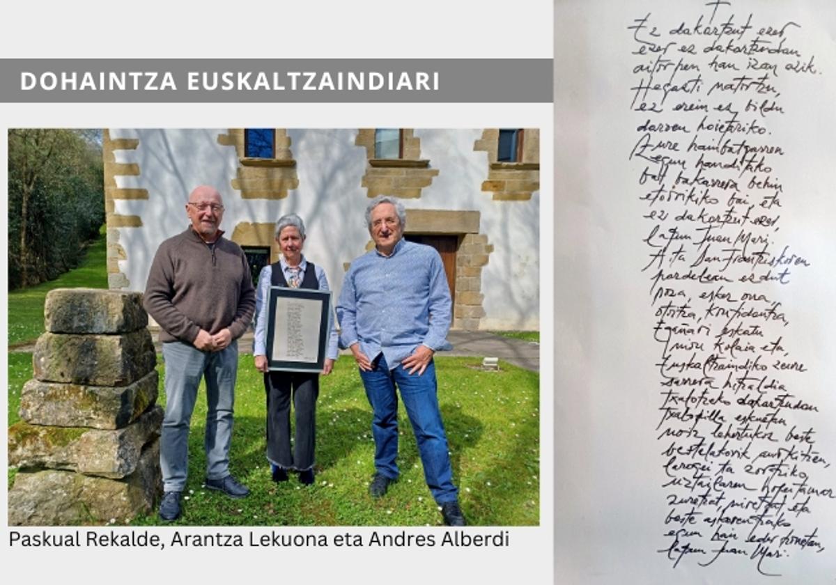 Bitoriano Gandiagak Juan Mari Lekuonari oparitutako poema bat jaso du Euskaltzaindiak dohaintzan