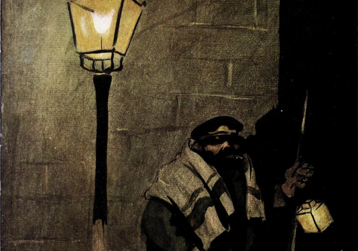 Detalle de 'La soledad del sereno', una ilustración de Francisco Sancha para 'Blanco y Negro' (1904).