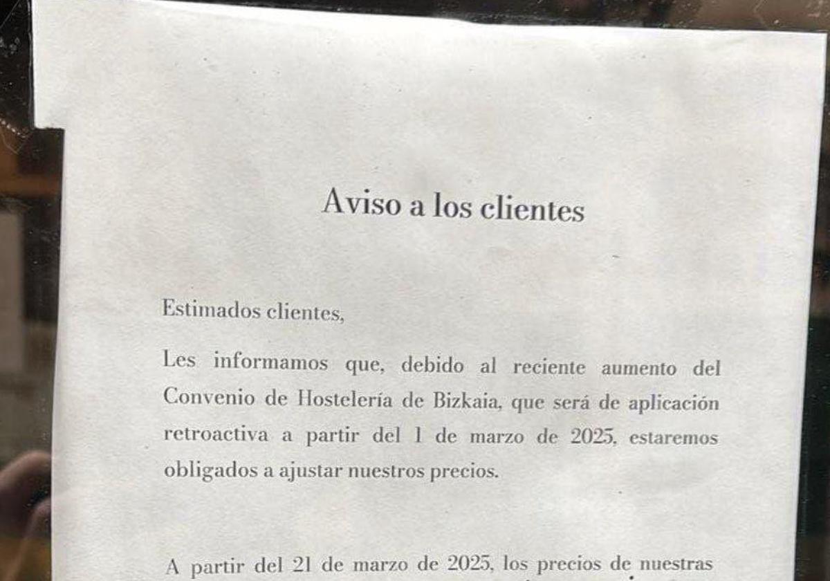 Polémico cartel en un bar de Bilbao: «Debido al aumento del Convenio, reajustamos nuestros precios»