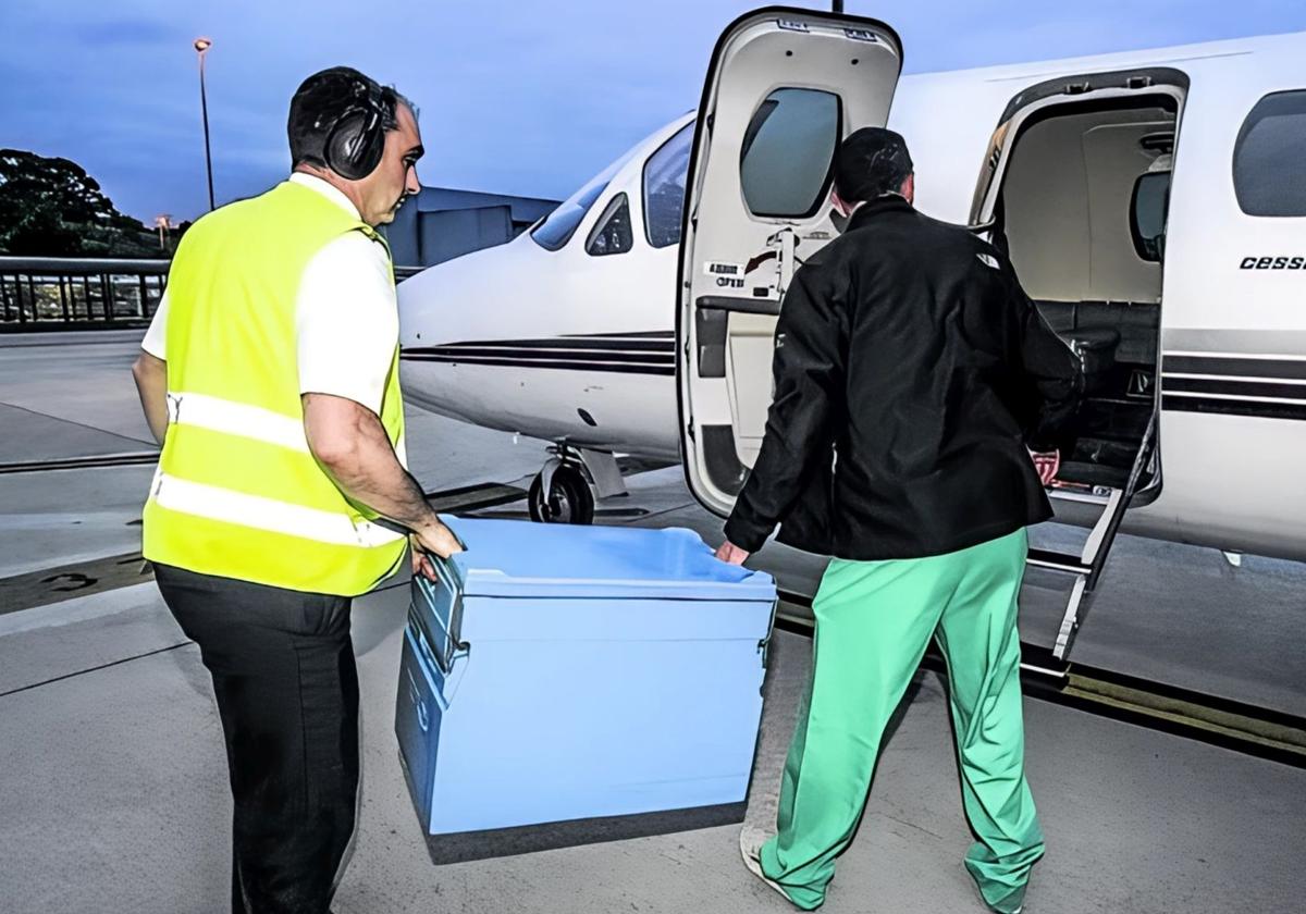 Momento en que entra un órgano en el avión preparado para llevarlo al hospital donde espera el receptor.