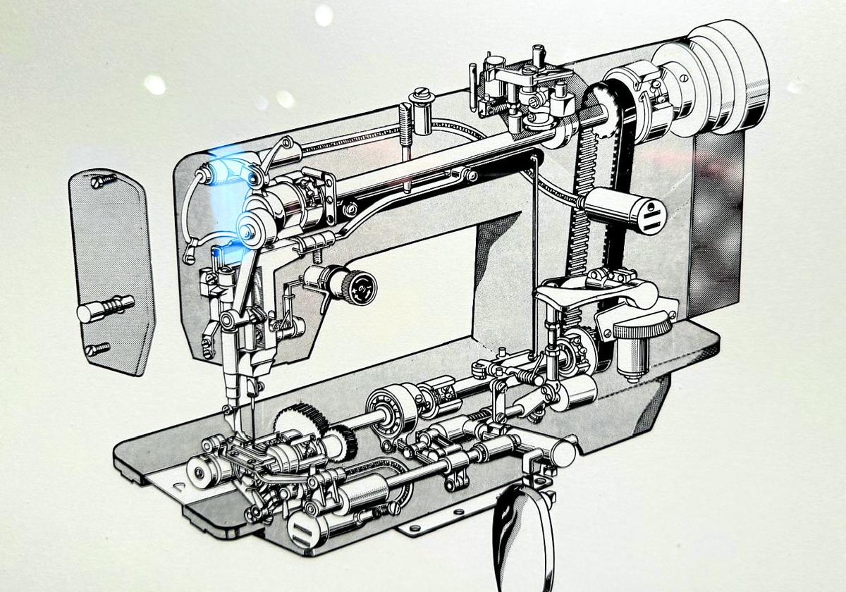 Los planos de la máquina de coser Alfa con todas sus piezas se exhiben en la exposición de 'Miniarquitecturas eibarresas'.