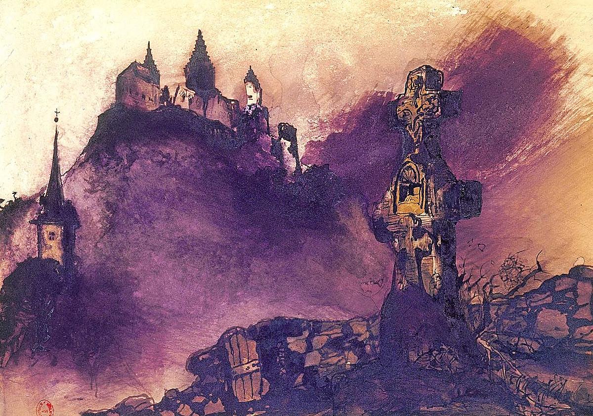 Imagen principal - 1. 1. 'La ciudad de Vianden, con la cruz de piedra' (1871) refleja su pasión por la arquitectura gótica. 2. 'Cadena' (1864) es un dibujo inspirado en 'Los miserables') (1862). 3. 'Champiñón' (1850) aprisiona un rostro humano en el tallo.