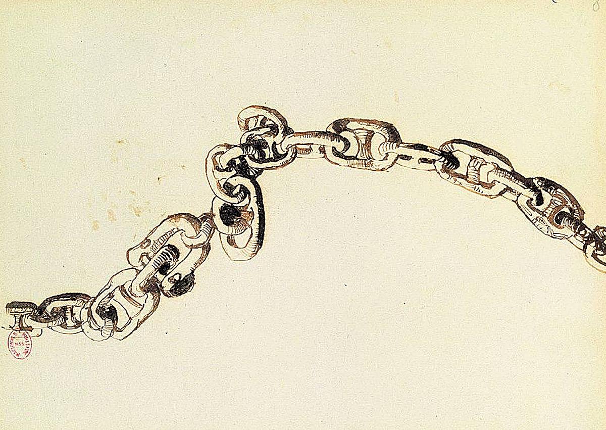 Imagen secundaria 1 - 1. 1. 'La ciudad de Vianden, con la cruz de piedra' (1871) refleja su pasión por la arquitectura gótica. 2. 'Cadena' (1864) es un dibujo inspirado en 'Los miserables') (1862). 3. 'Champiñón' (1850) aprisiona un rostro humano en el tallo.