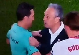La polémica celebración de Joaquín Caparrós con un árbitro tras la salvación del Sevilla