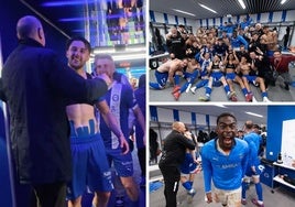 La celebración del Alavés tras ganar al Valencia.
