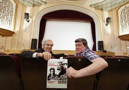Oskar Fernández y Manu Gómez en la Escuela de Música Andrés Isasi de Las Arenas, que este viernes proyectará 'La última película'.
