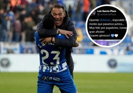 Luis García se abraza con Benavídez. Al lado, su mensaje de felicitación al Alavés.