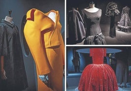 A la izquierda, abrigo en faya dupión negro de Balenciaga junto a un traje de Demna en gabardina de lana naranja de 2021. Arriba, Vestidos en negro, entre ellos la capa de noche 'Chou' de Balenciaga, A su lado, a la derecha, modelo de Demna de encaje negro bordado con cuentas de cristal, azabache y chenilla. A la derecha, vestido de terciopelo de Demna inspirado en Divine y que lució Isabelle Hubert en la gala del Met de 2021.