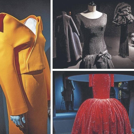 A la izquierda, abrigo en faya dupión negro de Balenciaga junto a un traje de Demna en gabardina de lana naranja de 2021. Arriba, Vestidos en negro, entre ellos la capa de noche 'Chou' de Balenciaga, A su lado, a la derecha, modelo de Demna de encaje negro bordado con cuentas de cristal, azabache y chenilla. A la derecha, vestido de terciopelo de Demna inspirado en Divine y que lució Isabelle Hubert en la gala del Met de 2021.