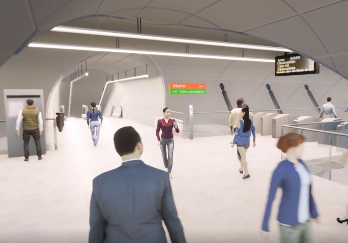 Recreación del acceso al tren lanzadera que circularía por debajo de la ría realizada por la Diputación.