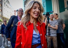 Yolanda Díaz, este jueves en Bilbao en la llegada a la sede de ELA