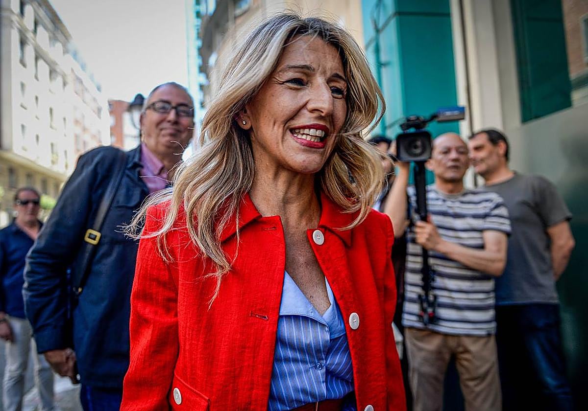 Yolanda Díaz, este jueves en Bilbao en la llegada a la sede de ELA