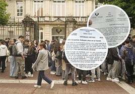 Los alumnos esperan a entrar en el Aulario para hacer la prueba de Selectividad. En el círculo, las pruebas de euskera e historia.