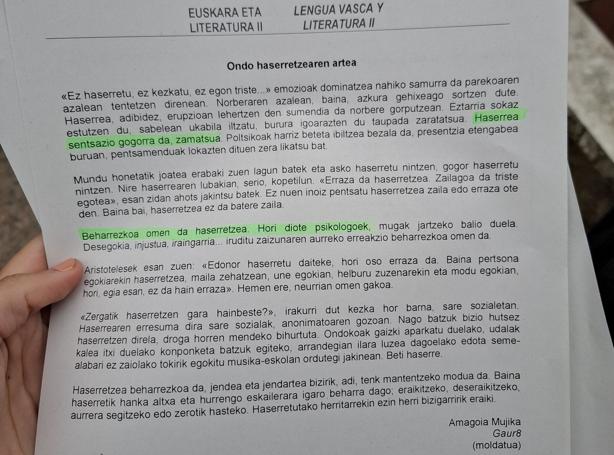 El texto de Amagoia Mujika que ha entrado en el examen de Lengua Vasca y Literatura.