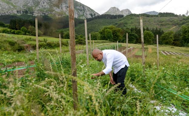 Tetsuro Maeda en su huerta con la mole rocosa de Anboto como telón de fondo.