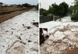 Imágenes de los bloques de hielo que se formaron con la granizada en Navarrete.