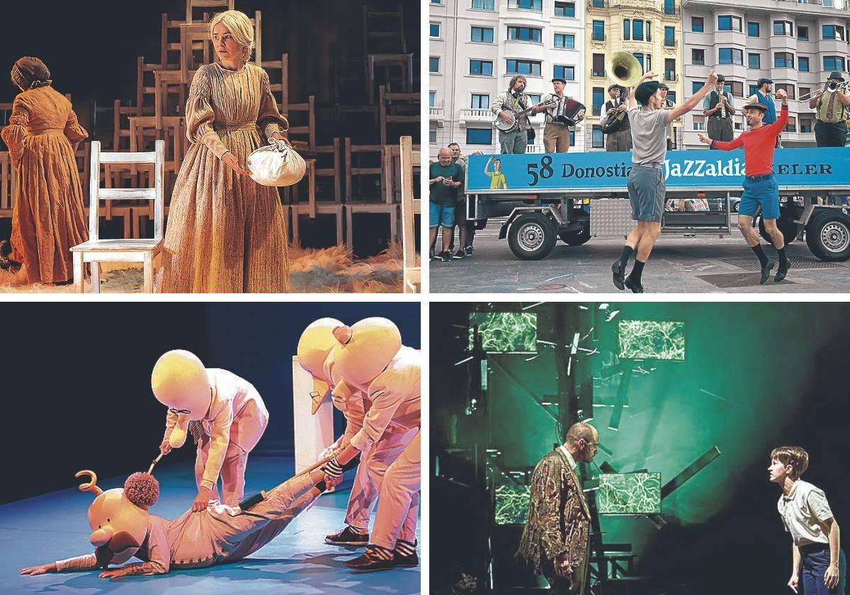 Arriba, 'Del color de la leche' (mejor espectáculo teatral y mejor actriz), y 'Euskorleans' (espectáculo de calle). Abajo, 'Mr. Bo' (espectáculo infantil o familiar y vestuario) y 'Un monstruo viene a verme' (espacio escénico).