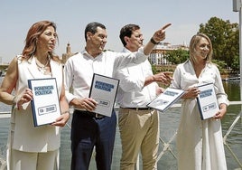Natalia Chueca, Juanma Moreno, Alfonso Fernández Mañueco y Alma Ezcurra, este martes en Sevilla.
