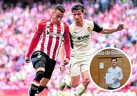 Hugo Guillamón, al que pretendió el Ahletic en su momento, vigila a Berenguer. En el círculo, el jugador posa con su TFG.