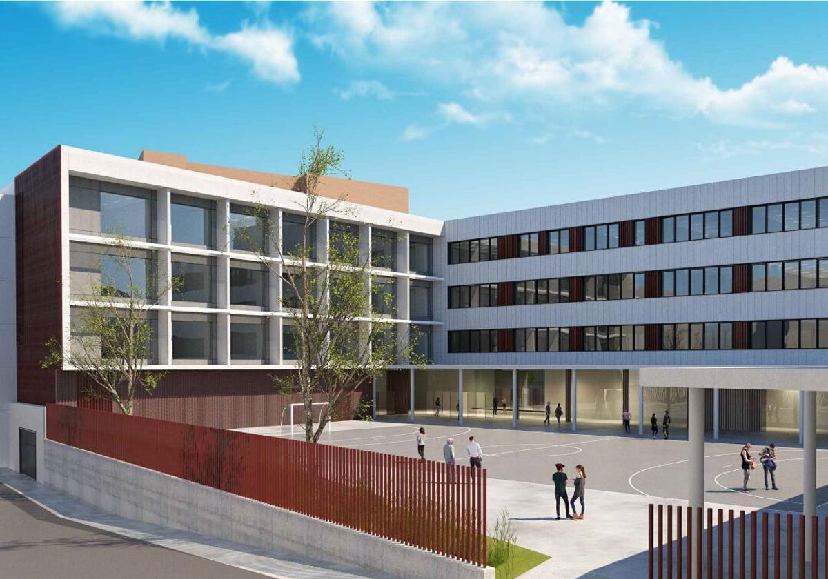 Infografía del nuevo edificio que se levantará en el mismo solar, junto al bidegorri y la calle Aldapa, con el patio abierto hacia Rubén Darío.