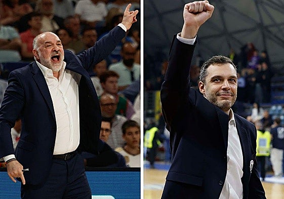 Laso da instrucciones y Galbiati celebra mirando a la grada tras un partido del Trento.